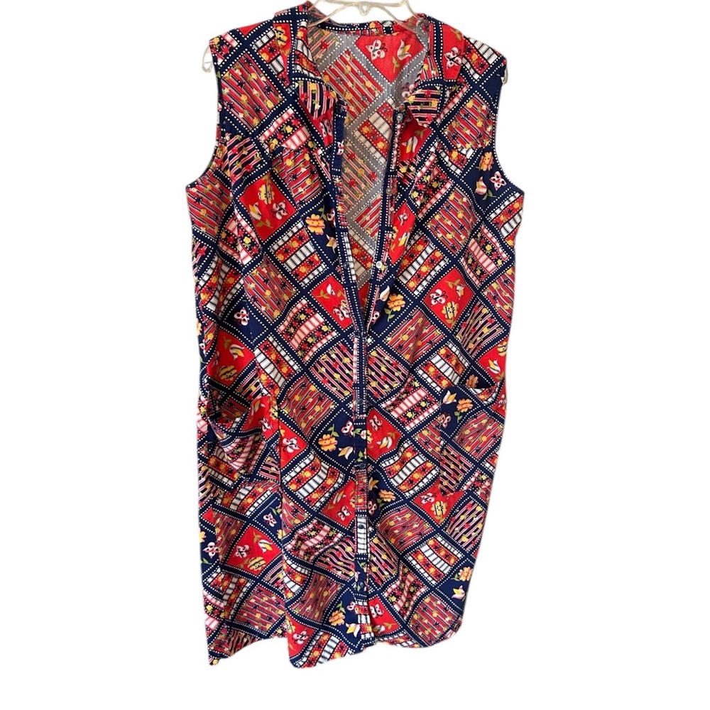 VTG Patchwork Housecoat Sz ? Multicolor Floral Sleeveless Pockets Granny Muumuu
